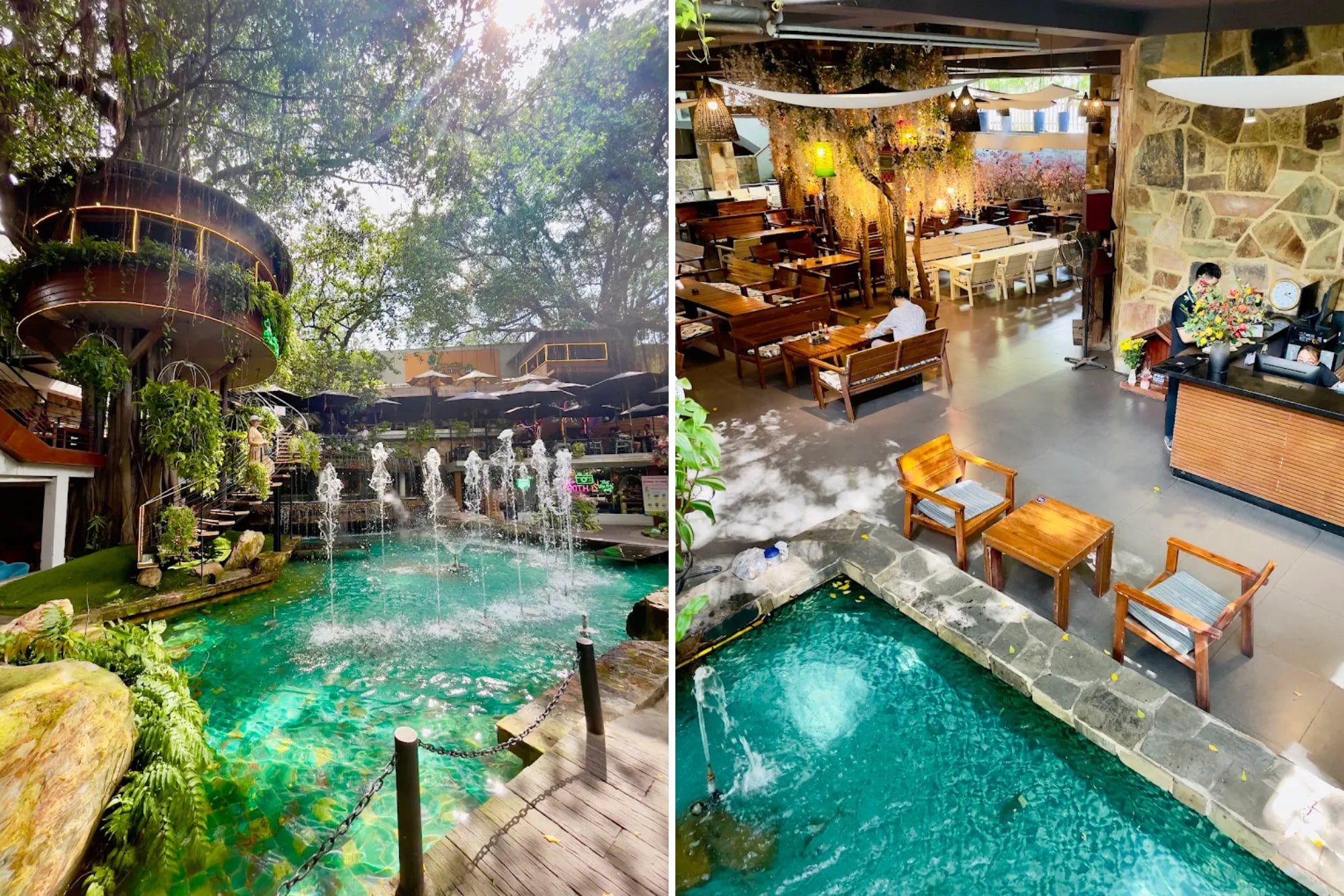 Treehouse-style wooden huts, waterfalls, and gardens create a space that’s both romantic and rustic